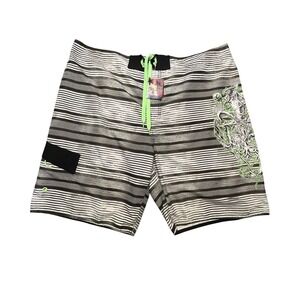 Joe Boxer Men's Striped Board Shorts Skull Neon Green Drawstring Size 40 Goth